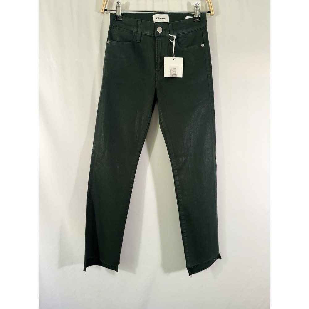 Frame Le High Straight Fit High Rise Waxed Coated Jeans Raw Hem Womens 25 NWT